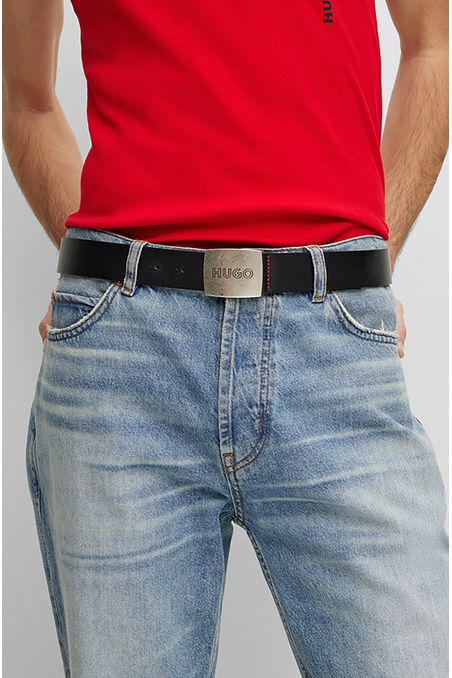 CINTURÓN DE PIEL CON HEBILLA CON PLACA Y LOGO HOMBRE