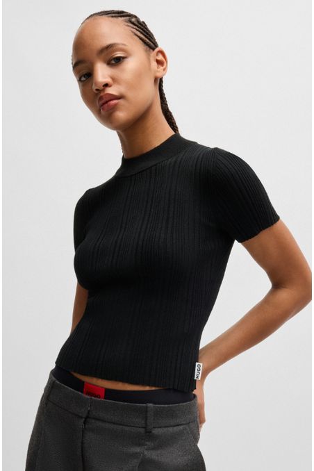 TOP SLIM FIT DE CUELLO MEDIO CON PUNTO DE CANALÉ MUJER