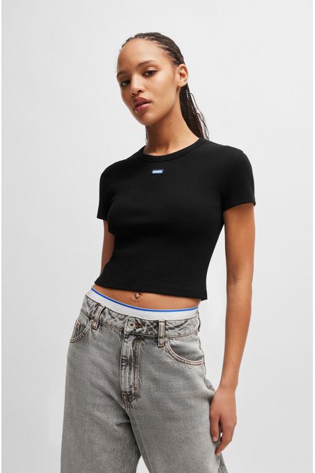 CROP TOP SLIM FIT DE ALGODÓN ELÁSTICO CON ETIQUETA CON LOGO MUJER