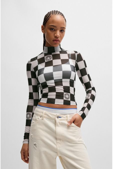 TOP SLIM FIT RECORTADA DE MANGA LARGA EN MALLA ELÁSTICA ESTAMPADA MUJER