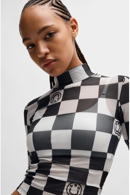 TOP SLIM FIT DE MANGA LARGA EN MALLA ELÁSTICA ESTAMPADA MUJER