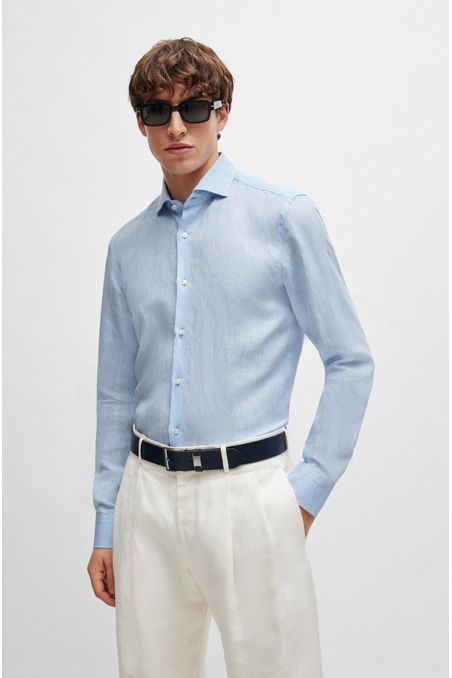 CAMISA SLIM FIT DE LINO CON CUELLO ITALIANO HOMBRE
