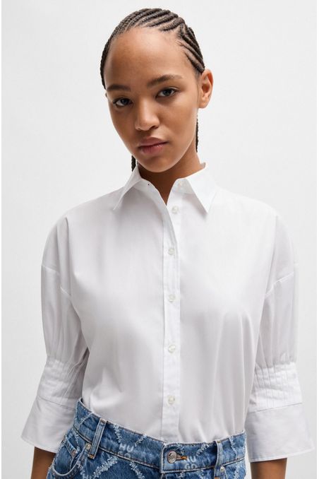 BLUSA REGULAR FIT EN POPELÍN DE ALGODÓN CON MANGAS PLISADAS MUJER