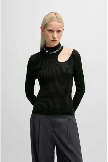 CAMISA EN TEJIDO DE PUNTO ACANALADO AJUSTADO CON CUELLO ALTO Y ABERTURA AL HOMBRO MUJER